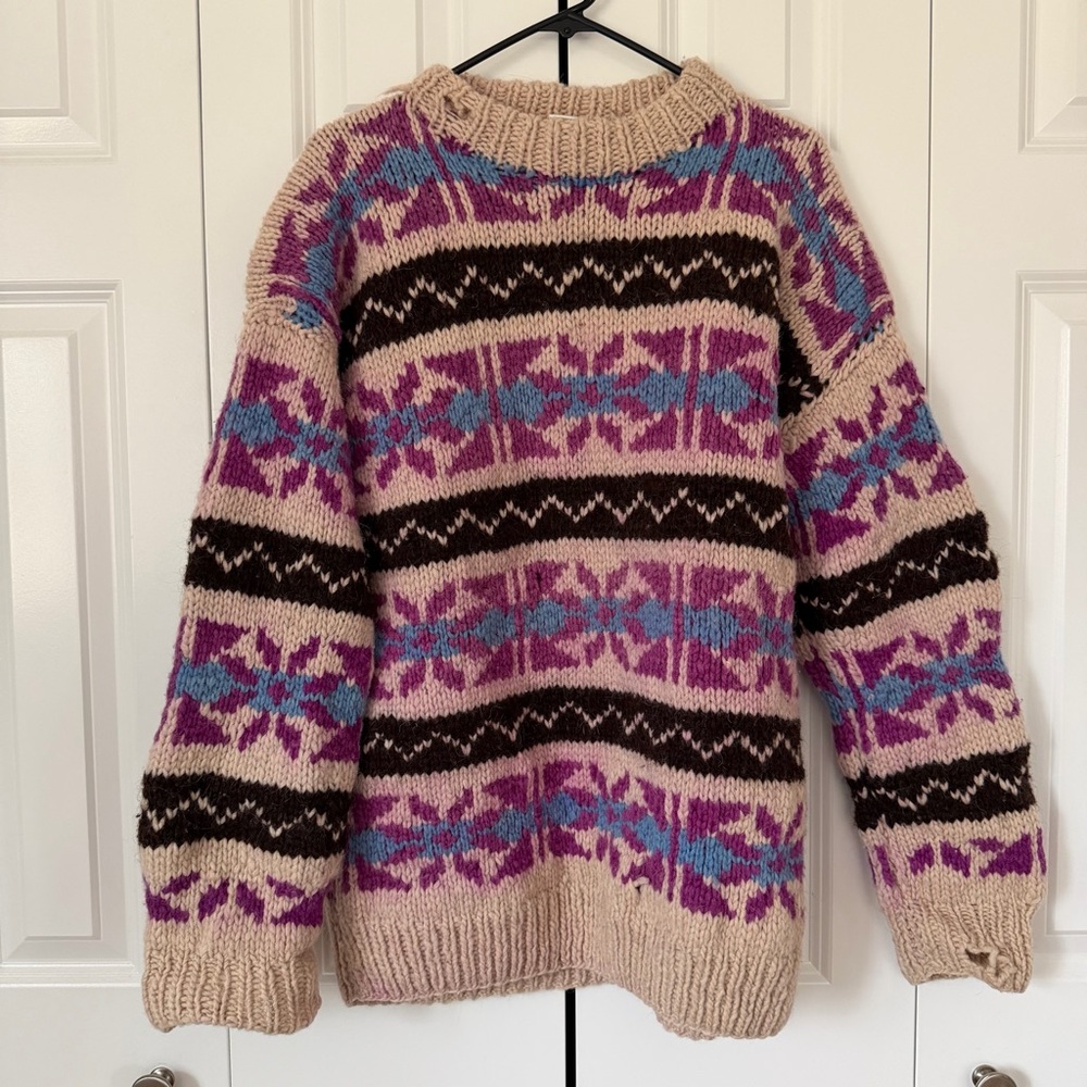 Vintage Cream, Purple & Blue Patterned Cowl Neck Sweater